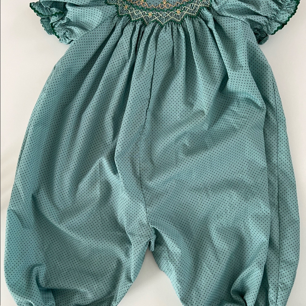 Teal and green romper bubble suit by Rosalina 12 months smocked neck puff sleeve